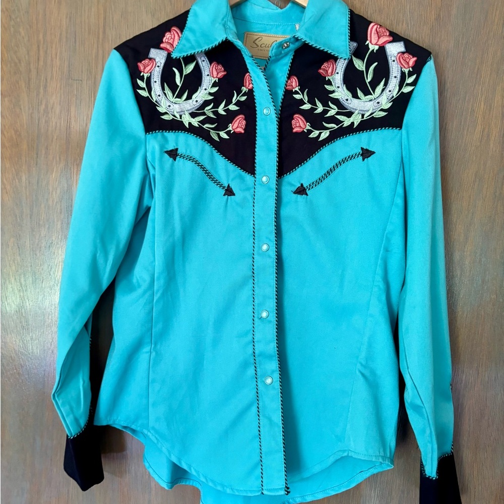 Vintage Scully Teal and Black Embroidered Button Down Shirt